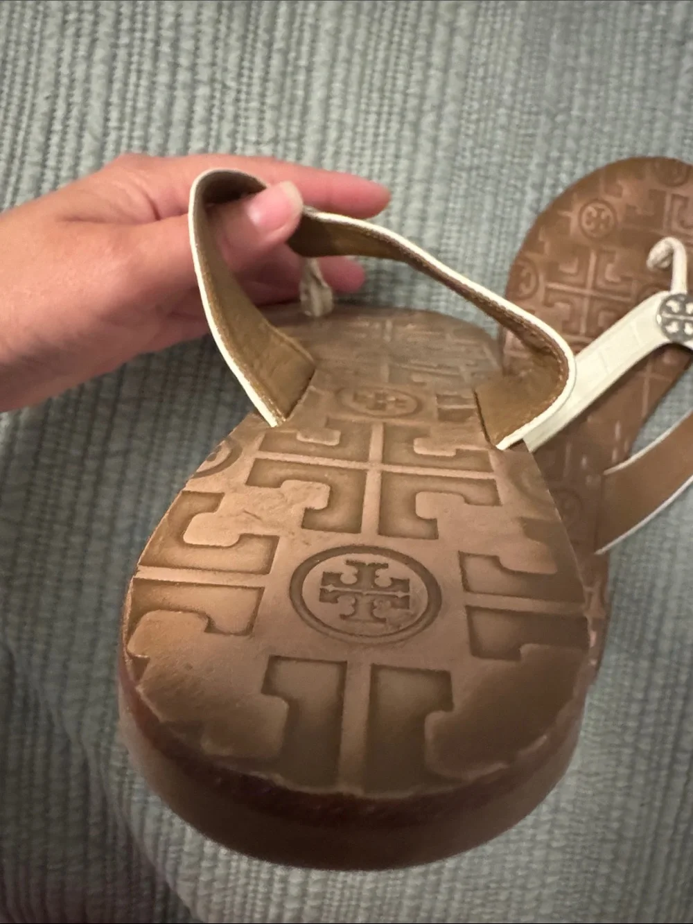 Tory Burch Light Cream Leather and Brown Logo-Embossed Thong Sandals